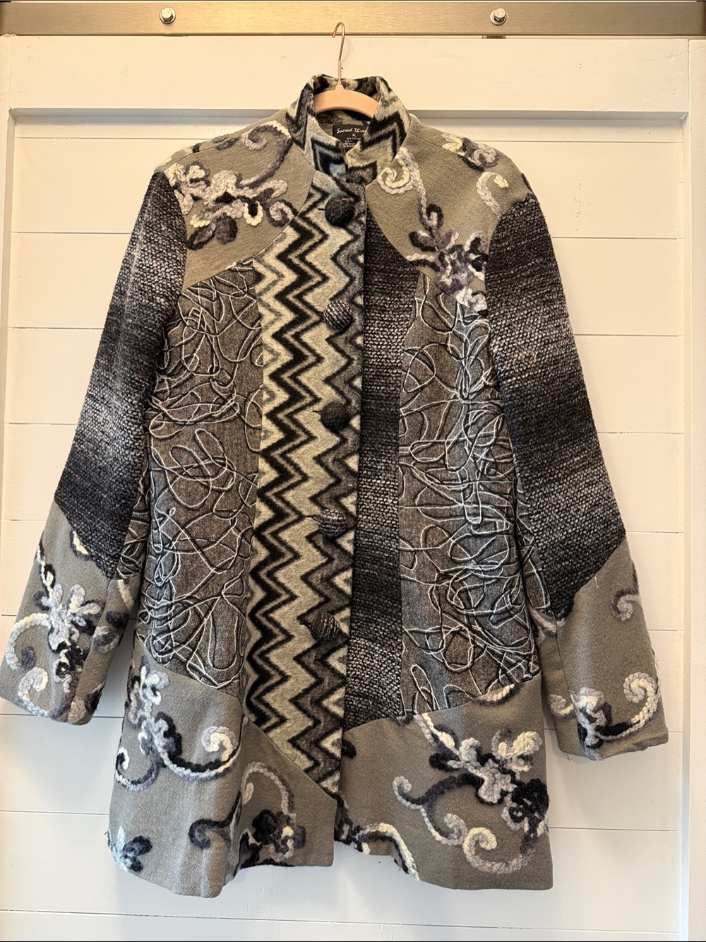 Embroidered Gray Patchwork Wool-Blend Jacket